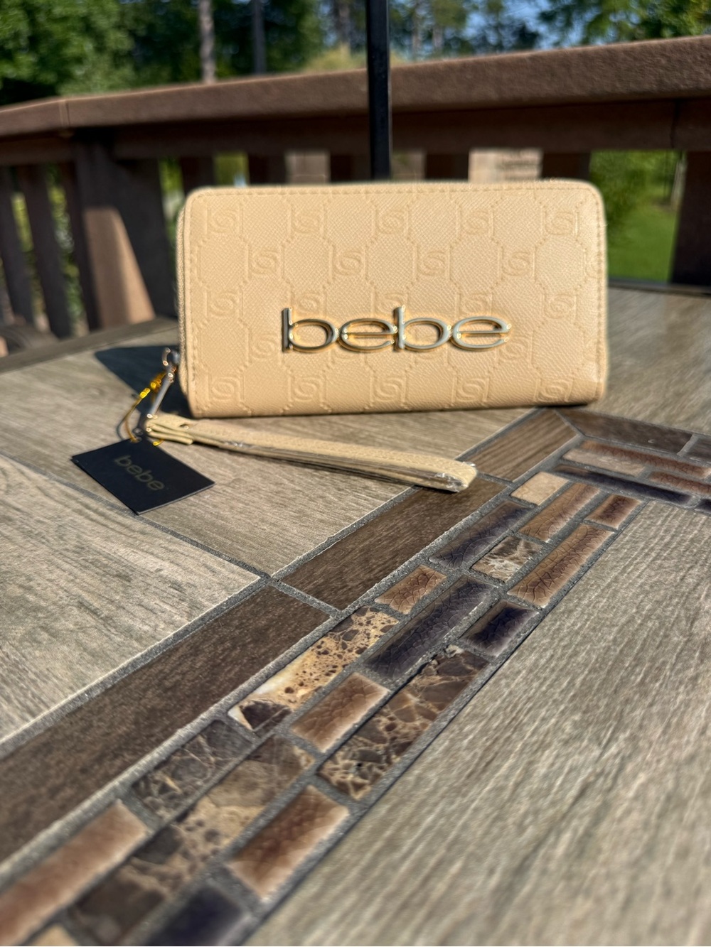 NWT bebe Celia zip-around monogram beige wristlet wallet
